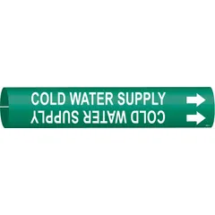 Green pipe marker with white legend reading 'Cold Water Supply'. Fits pipe outer diameters from 3/4 to 1-3/8 inches. Includes directional arrows. Used for identifying cold water supply lines in industrial piping systems.