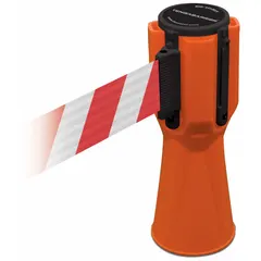 This blank white plastic barrier tape belt is designed for use with traffic cones to create a visible delineation line. With a 9-inch belt height and maximum length of 11 7/8 feet, it is housed in an orange plastic casing with an overall height of 3/4 foot. The blank legend allows for custom marking or warnings as needed.