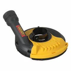 Dust collection accessory for DEWALT angle grinders, designed to capture debris during grinding operations. Helps reduce airborne dust in applications such as masonry, concrete, and metal grinding.