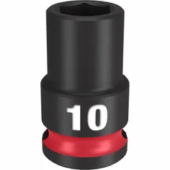 This 3/8" drive impact socket features a 10 mm metric size with a 6-point configuration for use on hex fasteners. The black phosphate finish provides corrosion resistance. Suitable for fastening and loosening applications with impact wrenches and drivers.
