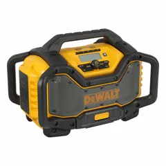 AM/FM radio and speaker with Bluetooth, auxiliary input, and USB playback. Powered by 20V MAX* or 60V DC FLEXVOLT batteries. Includes USB port for charging devices. Suitable for construction and industrial work environments.