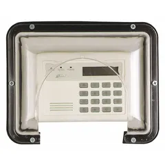 Clear polycarbonate wall-fixture guard for indoor use with keypads. Measures 4 in wide by 6 3/4 in deep. Surface-mounts to wall; includes mounting hardware. Helps protect against vandalism and damage.