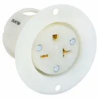 Single flanged receptacle with NEMA 5-20 configuration, rated 125V AC and 20 A, 2 pole/3 wire. White finish. Suitable for industrial and commercial power distribution, panel boards, and machinery requiring a grounded outlet