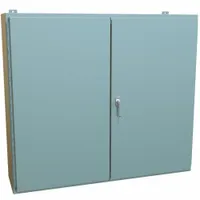 This HAMMOND steel enclosure measures 42 x 48 x 12 inches and is rated NEMA 12 for protection against dust, dirt, and non-corrosive liquids. It features a solid hinged cover with a handle closure, includes a panel, and has no knockouts. Suitable for housing electrical controls and instruments in industrial environments
