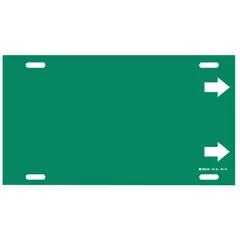 Green pipe marker with white legend text, designed for pipe outer diameters of 10 to 15 inches. Includes arrows to indicate flow direction. Supplied as a single strap-on marker for industrial pipe identification systems.