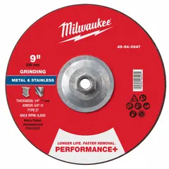 Grinding wheel with 30-grit zirconia alumina abrasive for carbon and stainless steel. Type 27 shape, 9" diameter, 1/4" thickness, 5/8"-11 arbor. Used for heavy material removal, weld grinding, and surface blending in metal fabrication and maintenance.