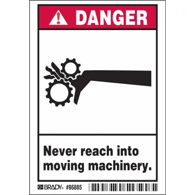 BRADY Label: Poliester, Pemasangan Tanda Perekat, 5 in x 3 1/2 in Ukuran Tanda Nominal - Danger: Never Reach Into Moving Machinery. Signs