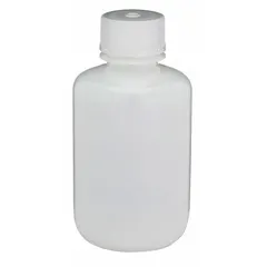 This HDPE narrow mouth round lab bottle has a 125 mL (4.22 fl oz) capacity with a natural body color. It includes an attached 24-415 mm screw closure. The bottle is not pre-cleaned. Typical applications include collecting, storing, and transporting liquid samples in laboratory and industrial settings.