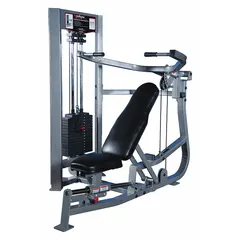 This chest machine features a powder-coated gray and black steel frame with vinyl upholstery. Overall length is 77 inches. Designed for strength training targeting chest and shoulder muscles in commercial gyms and fitness centers.