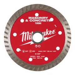 This 4 1/2 in diameter diamond blade features a turbo rim for efficient cutting of concrete, brick, block, and stone. It is designed for use with masonry saws and supports both wet and dry cutting applications. The blade has a 5/8 in to 7/8 in arbor size.