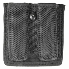 Black ballistic nylon pouch with open closure. Measures 4 in x 3 1/2 in. Designed for carrying spare magazines or similar duty equipment requiring quick access.