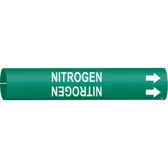 Green snap-on pipe marker with white legend reading 'Nitrogen' and directional arrows. Fits pipe outer diameters from 2-1/2 to 3-7/8 inches. Used for identifying nitrogen piping in industrial facilities to support safety and maintenance procedures.