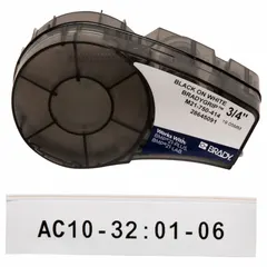Polyester continuous label roll cartridge, black on white, 10 ft length. Designed for use with the M210 printer series. Suitable for industrial identification, asset tagging, and safety labeling applications.
