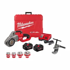 M18 cordless handheld pipe threader for 1/8 in to 1-1/4 in pipe. Includes 4 die heads, charger, and carrying case. Used for on-site threading of steel pipe in plumbing and piping applications.