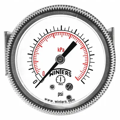 Pengukur Tekanan Pemasangan Panel WINTERS: U-Clamp, 0 psi hingga 60 psi, Dial 3 1/2 in, 1/4 in NPT Male - U-Clamp Panel-Mount with Brass/Bronze Wetted Parts