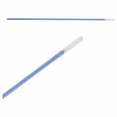 Cleanroom swab with a pointed, flexible foam tip and thermally bonded head. Polypropylene handle. Overall length 6 3/4 in, tip length 9/16 in, handle length 5 3/4 in. Pack of 50. Used for precision cleaning of sensitive surfaces and components in controlled environments.
