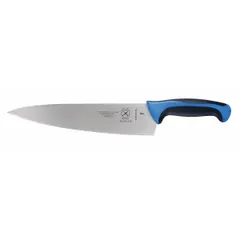 This 10-inch chef's knife features a stamped steel blade with a sharp edge and a blue Santoprene/polypropylene handle. It is NSF certified for use in commercial foodservice environments. Suitable for chopping, slicing, and dicing tasks in professional and home kitchens.