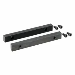 Steel screw-in vise jaw caps designed for 6-inch vise jaw width. Includes 4 screws for installation. Serrated surface provides secure clamping of workpieces in general industrial, automotive, and maintenance tasks.