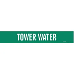 Green adhesive pipe marker with white legend text reading 'Tower Water', without directional arrows. Fits pipe outer diameters from 2-1/2 to 7-7/8 inches. Used to identify piping conveying tower water in industrial systems.