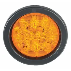 Round amber LED perimeter warning light for vehicle mounting. Operates on 12/24V DC with a single flash pattern. Includes grommet for grommet mounting and pigtail electrical connection. SAE Class 1 rated, 2 in overall width.