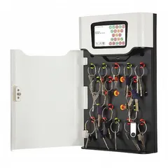 Wall-mounted steel key cabinet with digital lock for secure key storage. Holds up to 21 keys. Includes key tags and mounting hardware. Dimensions: 16 7/8 in H x 9 3/4 in W x 3 5/8 in D. Brown finish.