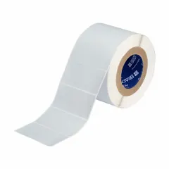 This precut label roll measures 4 13/64 in x 2 in and is made of metalized polyester in gray. The material is halogen-free. It is compatible with the BBP12 printer series. Typical applications include asset tags, cable markers, and safety signs for industrial identification.