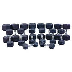 This dumbbell set includes weights from 5 lb to 50 lb in 5 lb increments, with a black finish and steel handles. Suitable for strength training and resistance exercises in commercial gyms, home fitness studios, and athletic facilities.