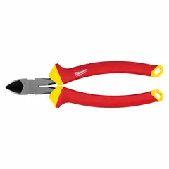 Manual, straight-jaw pliers with a tapered flush-cut design. Jaw length 1 in, jaw width 3/8 in, overall length 8 1/2 in. Insulated for cutting wire and small cable flush to a surface in confined spaces.