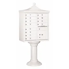 Horizontal multi-unit mailbox with 13 lockable front-access doors. Measures 71 3/4 in H x 31 in W x 18 1/2 in D. Designed for pedestal mounting. Suitable for centralized mail delivery in multi-tenant residential or commercial settings.