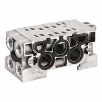 Gasket-type manifold base for pneumatic control systems, featuring 1/8 in NPT ports and 2 valve ports. Includes DIN rail clamps for secure mounting. Compatible with Parker Series DX02. Used to mount and connect solenoid valves in industrial automation applications