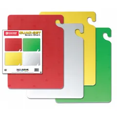 This green co-polymer cutting board is part of a four-color set (green, red, white, yellow) for color-coded food preparation. Measuring 15 inches wide by 20 inches long, it is NSF certified for sanitation in commercial kitchens. Typical applications include use as a dedicated board for produce or other food types to help prevent cross-contamination.