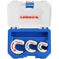 Compact cutter set for cutting copper tubing with outer diameters from 0.5 in to 1 in. Includes a standard wheel cutter. Suitable for plumbing, HVAC, and refrigeration applications where clean cuts on soft metal tubing are required.