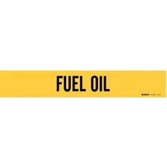 Yellow adhesive pipe marker with black legend reading 'Fuel Oil'. Fits pipe outer diameters from 2-1/2 to 7-7/8 inches. Supplied without arrows. Used to identify fuel oil lines in industrial piping systems.