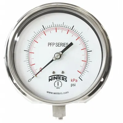 WINTERS Pengukur Tekanan Pemasangan Panel: Flensa Belakang, 0 psi hingga 100 psi, Dial 6 in, 1/4 in NPT Male - Back-Flange Panel-Mount with Stainless Steel Wetted Parts