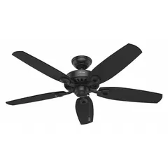 This HUNTER Builder Elite ceiling fan features a 52-inch blade span and a Matte Black/Peppered Walnut finish. Constructed with galvanized material, it offers three speed settings for adjustable airflow. Designed without a light kit, it is suitable for office and commercial spaces requiring efficient air circulation.