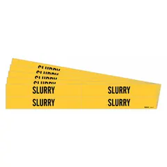 This adhesive pipe marker identifies pipes carrying slurry in industrial facilities. It features a yellow background with black legend text reading 'Slurry' and fits pipe outer diameters from 3/4 to 2-3/8 inches. Each pack contains 4 markers without arrows, supplied in a 5-pack configuration.