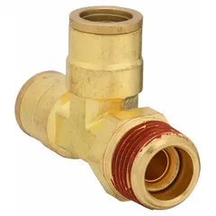 Brass push-fit tee fitting with three 1/2-inch OD ports, used as an adapter in air brake systems. Suitable for connecting pneumatic lines in heavy-duty vehicles and industrial equipment requiring corrosion-resistant brass fittings.