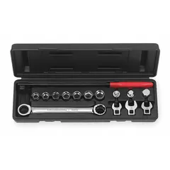 This 15-piece kit is designed for removal and installation of serpentine belts. Includes three crowfoot sockets. Constructed from alloy steel. Suitable for automotive and industrial engine belt service.