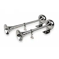 This WOLO electric horn produces a low tone and is designed for use on trucks. It features a bright polished silver finish and includes stainless steel bolts for installation. The horn operates on 12V DC and provides an audible warning signal for vehicles