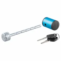 This trailer locking kit secures the coupler of a trailer to deter theft. It is made of chrome-plated aluminum with a blue finish and includes four keys. Suitable for use on trailers with compatible coupler sizes.