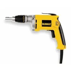 This corded drywall screw gun features a 1/4 in drive size and delivers up to 81 in-lb of torque. It has a trigger switch and pistol grip handle, operating on 120 V AC power. Designed for fastening drywall to wood or light-gauge steel studs in construction and renovation.