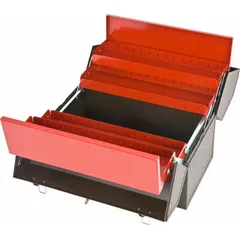 Steel tool box with black finish, cantilever lid, and padlock. Features five compartments for organizing hand tools and small parts. Suitable for use in workshops, maintenance facilities, and job sites.