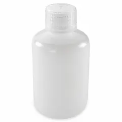 HDPE narrow mouth round lab bottle with 125 mL (4.22 fl oz) capacity. Colorless body. Includes a 24 mm screw closure packaged separately. Not pre-cleaned. Used for storing liquids and reagents in laboratory settings.