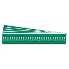 Green background pipe marker with white 'Return' legend, without arrows. Designed for pipes with outside diameter of 3/4 inch and smaller. Each pack contains 5 markers, totaling 28 individual pipe markers. Adhesive-backed for application to pipes in industrial and facility piping systems.