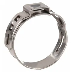 This constant-tension single-ear clamp features a tongue-in-groove band type and is constructed from 304 stainless steel. It accommodates clamping diameters from 1 1/32 in to 1 11/64 in and supports a maximum closing force of 7,000 N. Suitable for securing hose and tubing connections in fluid systems.