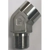 Steel hydraulic hose adapter with 3/4 in NPTF female and 3/4 in NPTF male connections, configured as a rigid 45° elbow. Used to connect hydraulic components with NPTF threads, allowing directional changes in hose routing for fluid power systems