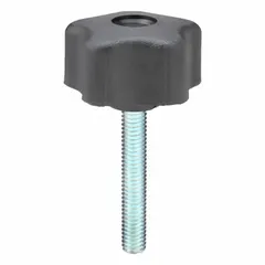 This 5-arm hand knob with threaded stud is designed for manual clamping, positioning, and adjustment on industrial machinery, jigs, and fixtures. The plastic body with steel thread insert provides a comfortable grip and durable threading for frequent hand-tightening applications. Thread size: 3/8"-16, thread length: 2.25 in.