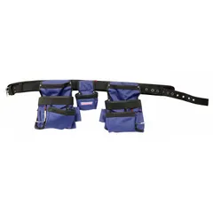 Padded tool belt with blue fabric construction. Adjustable waist fits 32 to 54 inches. Includes 13 pockets for organizing tools and fasteners. Designed for carpentry tasks such as framing and trim work.