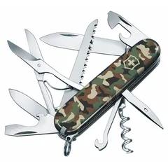Multi-tool folding knife with stainless steel large knife blade and wire stripper. Open length 6 1/4 in, closed length 3 1/2 in. Camouflage plastic handle. Suitable for everyday carry, outdoor tasks, and light electrical work.