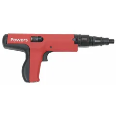 This semi-automatic powder-actuated gun drives pins with washers into concrete or steel for fastening applications. It accepts pins up to 3 inches in length with a 157/1000 inch diameter. Suitable for overhead work, metal decking, and framing tasks.